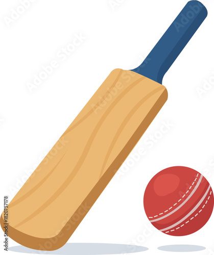 Flat vector style cricket bat and ball sports equipment design