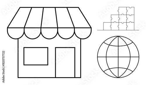 Small business concept. Small business by a storefront, a global network, and puzzle teamwork. Small business development and global opportunities. Ideal for retail, commerce, teamwork