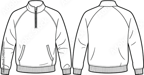 Men's Quarter-Zip Raglan Sleeve Sweatshirt Pullover CAD Drawing Technical Flat Vector Illustration Outline Template for Fashion Design Apparel Mockup