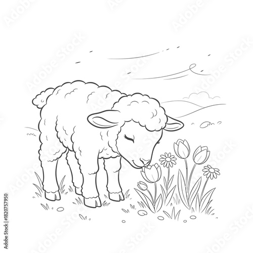 Adorable baby lamb smelling flowers coloring page for children.