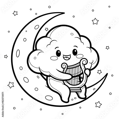 Adorable kawaii cloud character playing a harp on a crescent moon.
