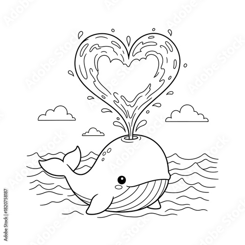 Adorable kawaii whale spouting a heart shaped splash of water.
