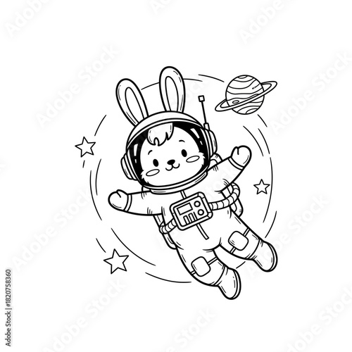 Astronaut Bunny Floating in Space with Planet and Stars.