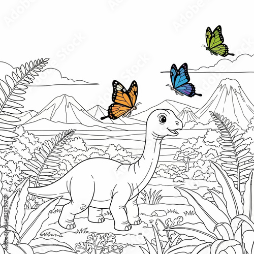 Cute Brontosaurus Dinosaur with Butterflies Coloring Page.