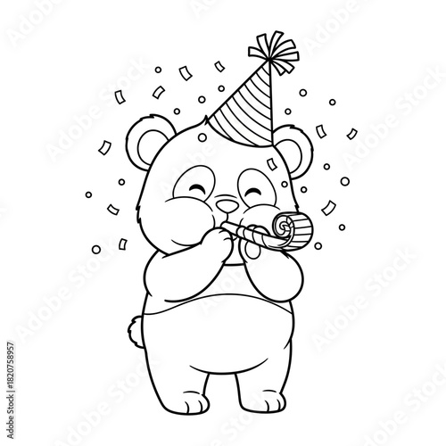 Cute cartoon panda bear celebrating with a party hat and horn.