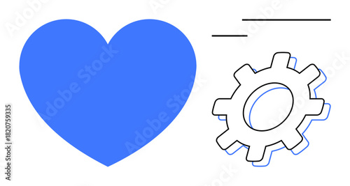 Blue heart next to minimalist gearwheel. Ideal for health, self-improvement, teamwork, emotional intelligence, integration, innovation, balance. A simple flat metaphor