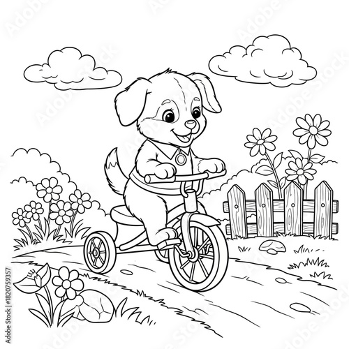 Cute puppy riding a tricycle on a sunny day.