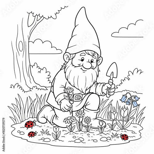 Friendly Garden Gnome with Trowel and Flowers Coloring Page.