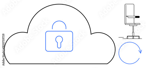 Cloud with padlock signifying data security, office chair representing workplace, arrow depicting process cycle. Ideal for cybersecurity, data backup, workplace safety, process management