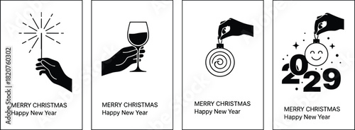 Hands Holding Sparkler Wine and Ornaments for Merry Christmas and New Year 2029 Vector.