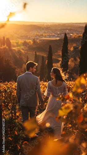 Stylish couple from behind holding hands in warm evening light among grapevines
