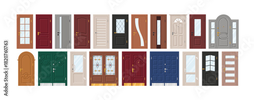 Front doors set. Closed wooden, metal in classic style with knobs, frames and glass decoration. Internal interior and exterior entrances. Flat vector illustration isolated on white background