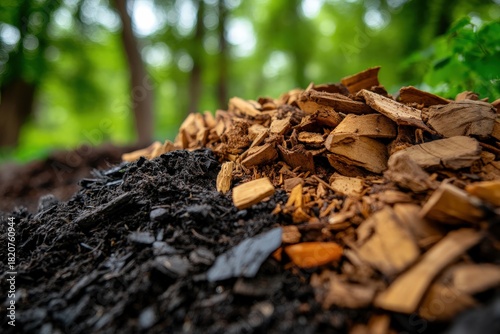 A close-up of various wood chips layered atop rich dark soil highlights the natural textures and earthy colors, showcasing an organic aesthetic and connection to gardening and nature.