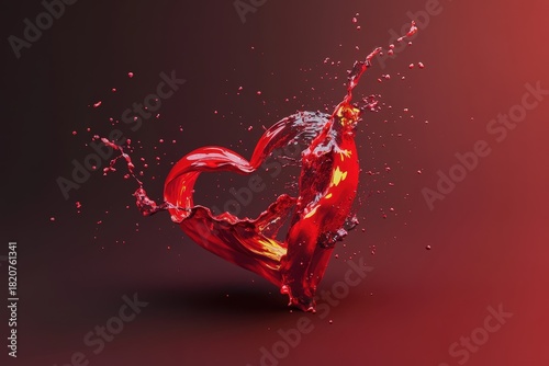 A dynamic splash of red liquid forming a heart shape against a dark backdrop, conveying emotions of passion, love, and the burst of intense feelings.