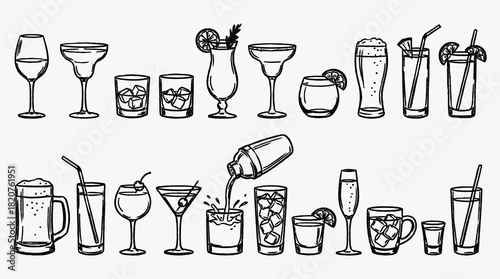 Collection of assorted hand drawn cocktail glasses and barware equipment