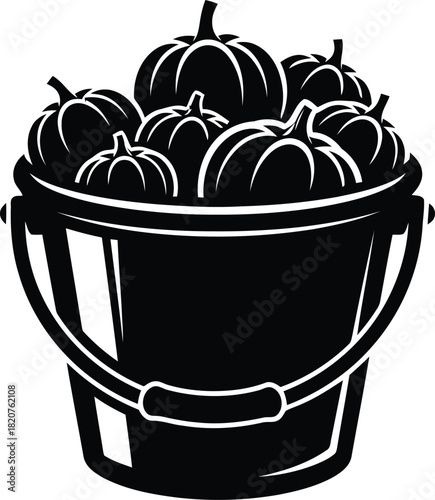 Black and white illustration of a bucket overflowing with pumpkins