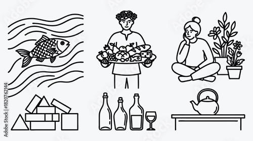 Collection of line art food related illustrations for creative projects