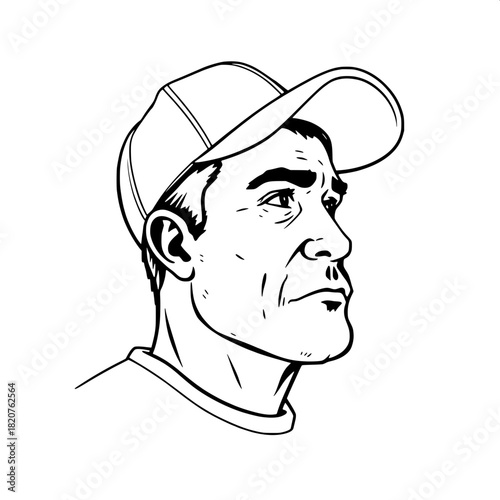Bold black-and-white vector sketch of a man with a strong jawline and rugged facial structure gazing to the right, wearing a baseball cap with a slightly curved brim, sparse internal details, heavy ou