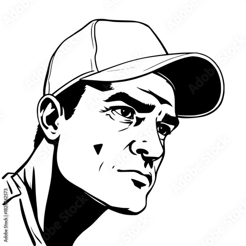 Bold black-and-white vector sketch of a man with a strong jawline and rugged facial structure gazing to the right, wearing a baseball cap with a slightly curved brim, sparse internal details, heavy ou