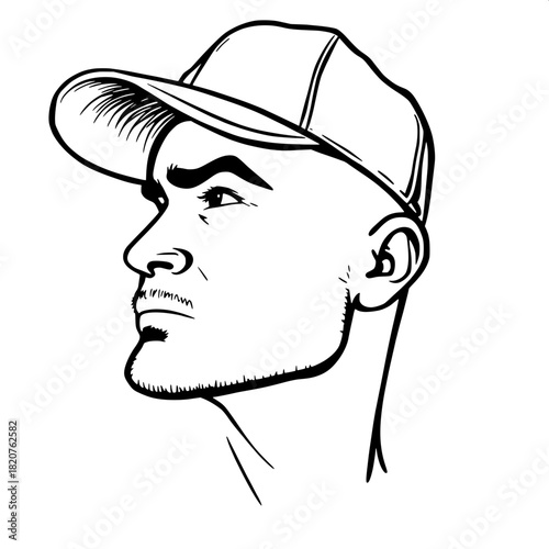 Bold black-and-white vector sketch of a man with a strong jawline and rugged facial structure gazing to the right, wearing a baseball cap with a slightly curved brim, sparse internal details, heavy ou