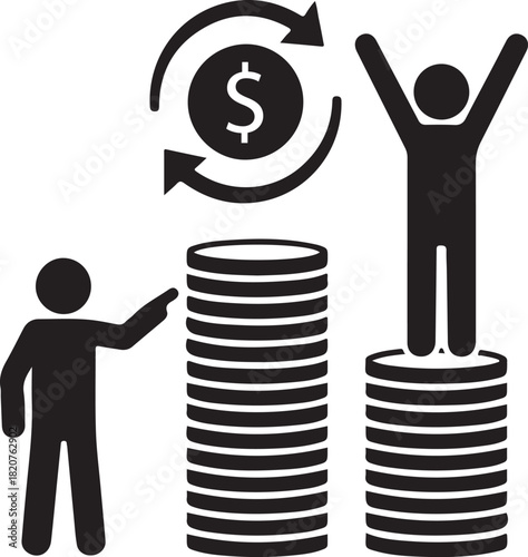Financial success comparison showing human figures standing on tall coin stacks with dollar exchange icon above demonstrating wealth gain