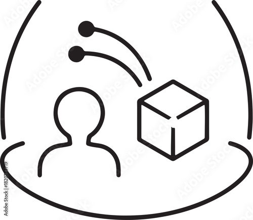 User interacting with three dimensional cube object in virtual reality environment black outline vector illustration concept design icon.