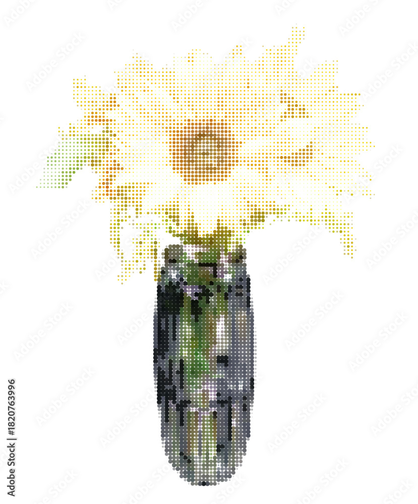 Obraz premium Sunflowers dotted in vase. Halftone effect vector cut out grainy textured bouquet of flowers for collages