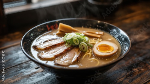 Steaming Bowl of Authentic Japanese Tonkotsu Ramen with Chashu Pork, Ajitama Egg, Bamboo Shoots, and Nori Seaweed.