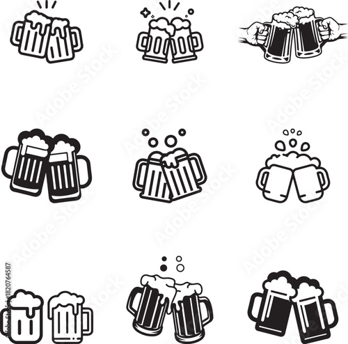 Collection of black and white clinking beer mug icons for pub logos, Oktoberfest celebrations, and toast party vector designs.