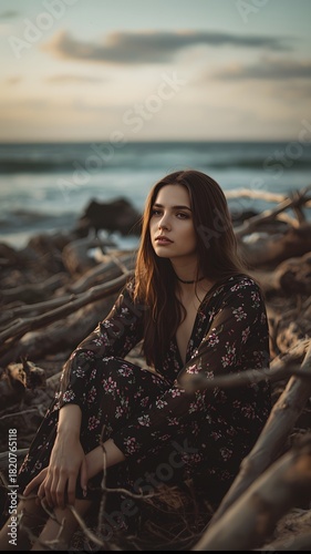 Moody seaside scene thoughtful woman sitting near ocean