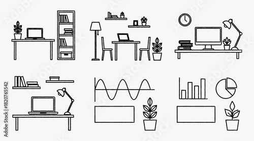 Workspace icon set with laptops and office elements line art design