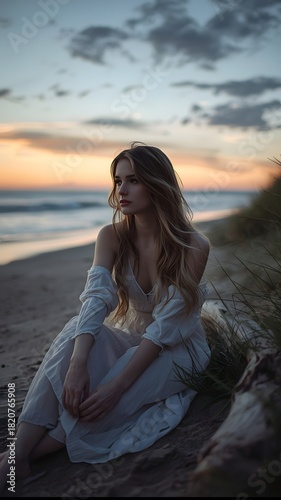 Serene portrait of girl in white dress watching sea waves at golden hour
