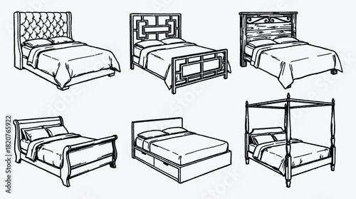 Various Style Beds Illustration Set Home Furniture and Bedroom Designs