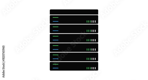 Stack of server racks with green lights in silhouette