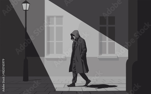 Man in hooded coat walks down dimly lit street under lamppost walking