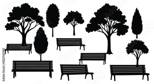 Park benches and trees in black silhouette against white background silhouette