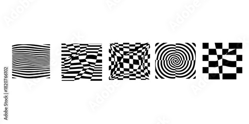 Abstract black and white optical illusion shapes with checkered patterns and spirals isolated on black background isolated on white background isolated on transparent background silhouette