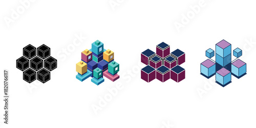Three abstract isometric cube arrangements with different color palettes and structures isolated on transparent background isolated on white background silhouette