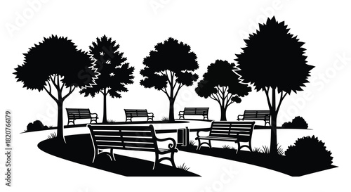 Park scene with benches and trees in black and white silhouette