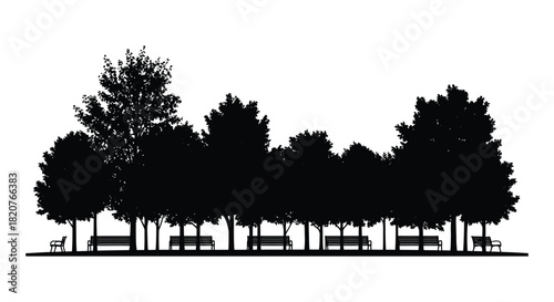 Park landscape with trees and benches in silhouette style silhouette