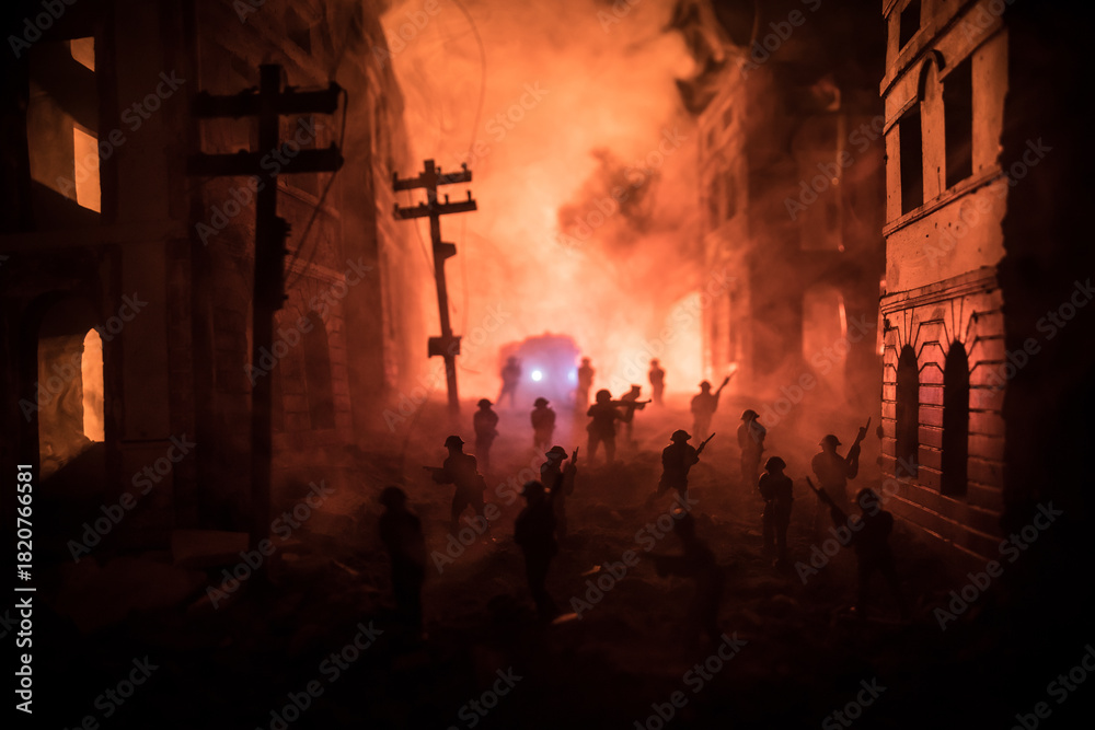 Obraz premium War Concept. Battle scene on war fog sky background, Fighting silhouettes Below Cloudy Skyline at night. City destroyed by war