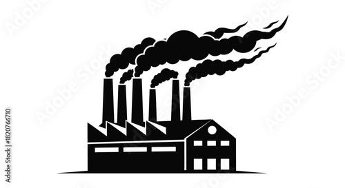 Factory with smoke stack emissions in black and white silhouette