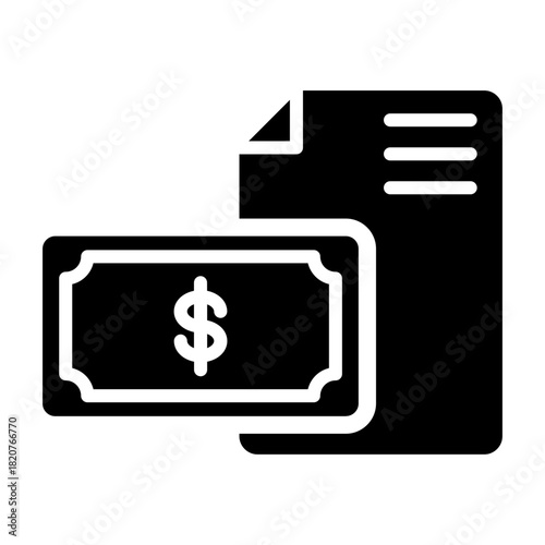Glyph icon of dollar bill with document representing financial records and transaction logs.