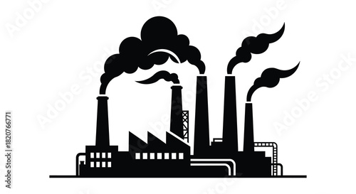 Industrial factory with smoke stacks emission pollution silhouette