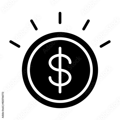 Glyph icon of dollar coin with rays symbolizing financial profit and monetary gain.