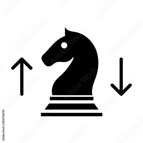 Glyph icon of chess knight with arrow symbolizing strategy and tactical decision-making.