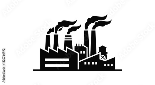 Factory silhouette with smoke stacks emitting pollution into the air silhouette
