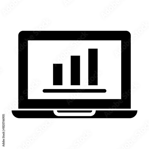 Glyph icon of laptop showing chart representing digital analytics and online reporting.