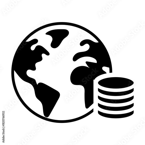 Glyph icon of globe with coins symbolizing global finance and worldwide economy.