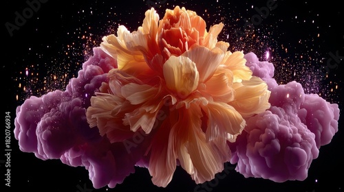 An abstract, multi-layered flower in shades of orange and yellow emerges from swirling purple smoke-like forms, with small golden particles scattered in the dar